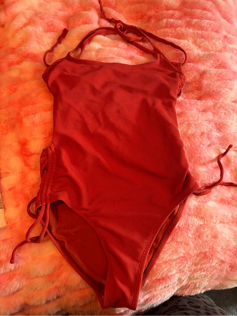 Girls Ribbed Red One-Piece Swimsuit with Side Ties